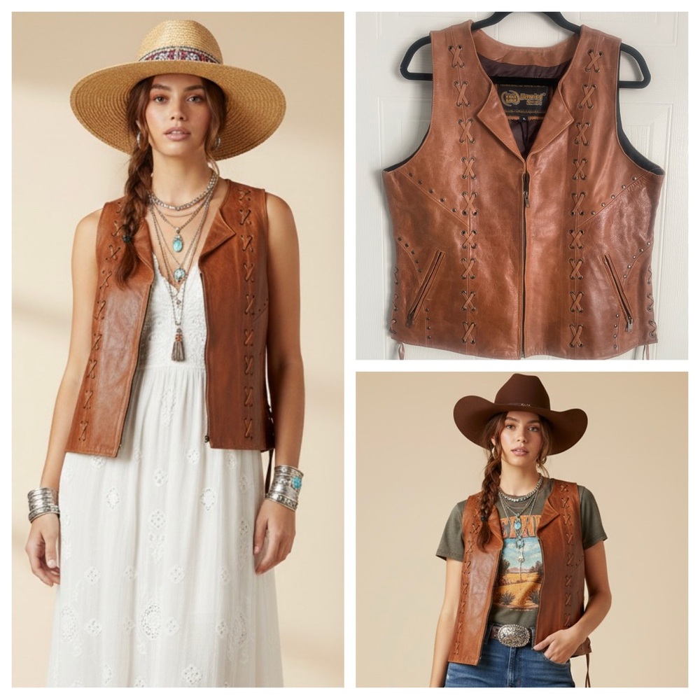 Brown Leather Vest XL Vintage Western Equestrian Heritage Classic Leather